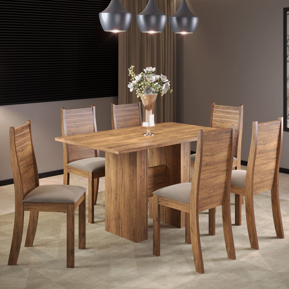 Mesa de Jantar Retangular Viero Carmen com 6 Cadeiras Estofadas e Revestidas em Veludo - Imbuia/Pérola