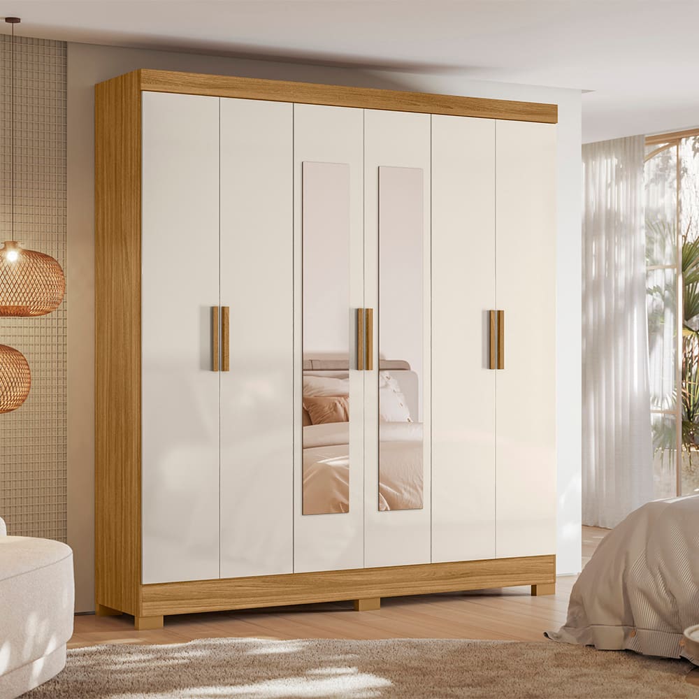 Guarda-Roupa Moval Valença com Espelho, 6 Portas, 2 Gavetas e 6 Prateleiras – 1,95cm de Largura - Freijó e Off White