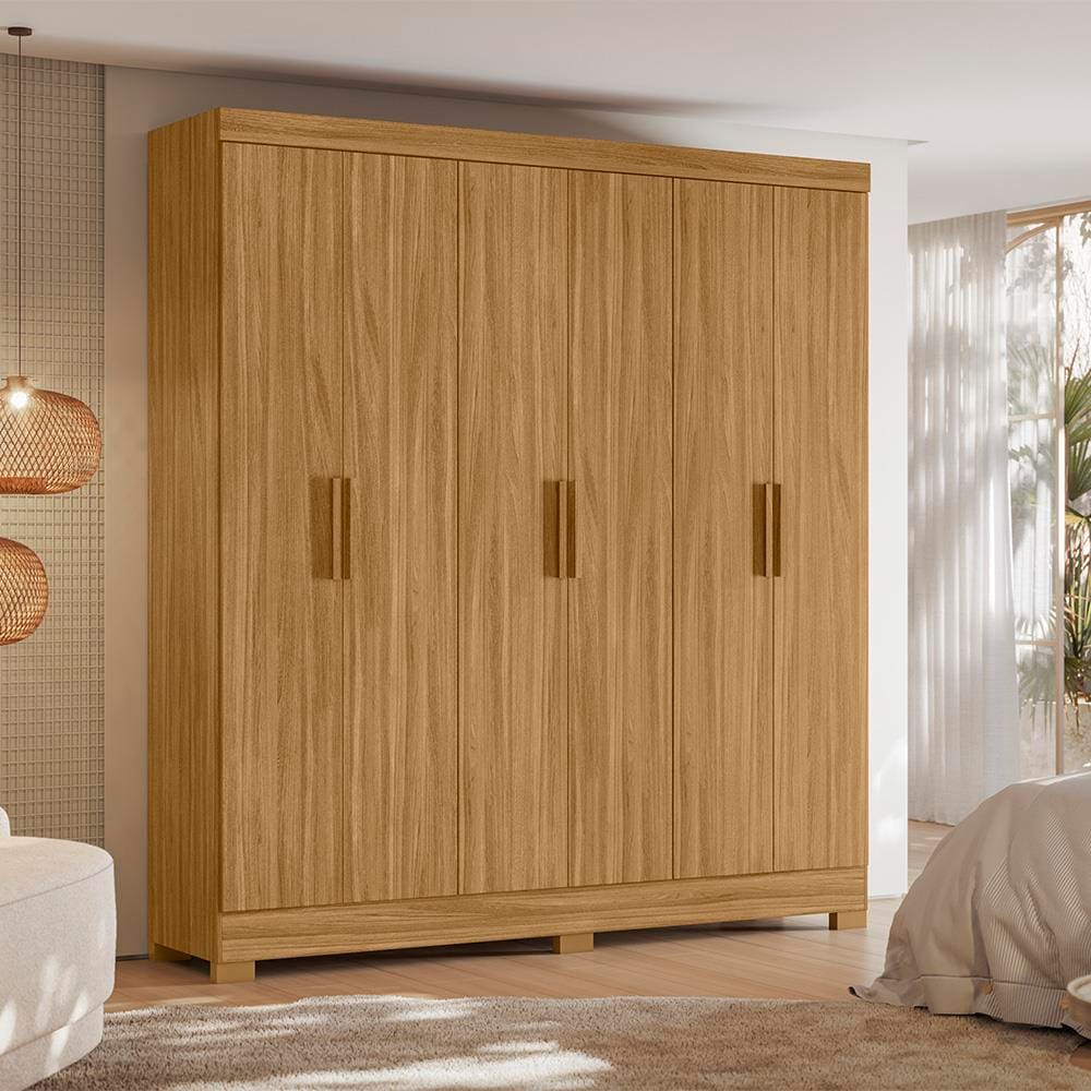 Guarda-Roupa de Casal Moval Valença com 6 portas, 2 gavetas, 6 prateleiras - 195cm de largura - Freijó