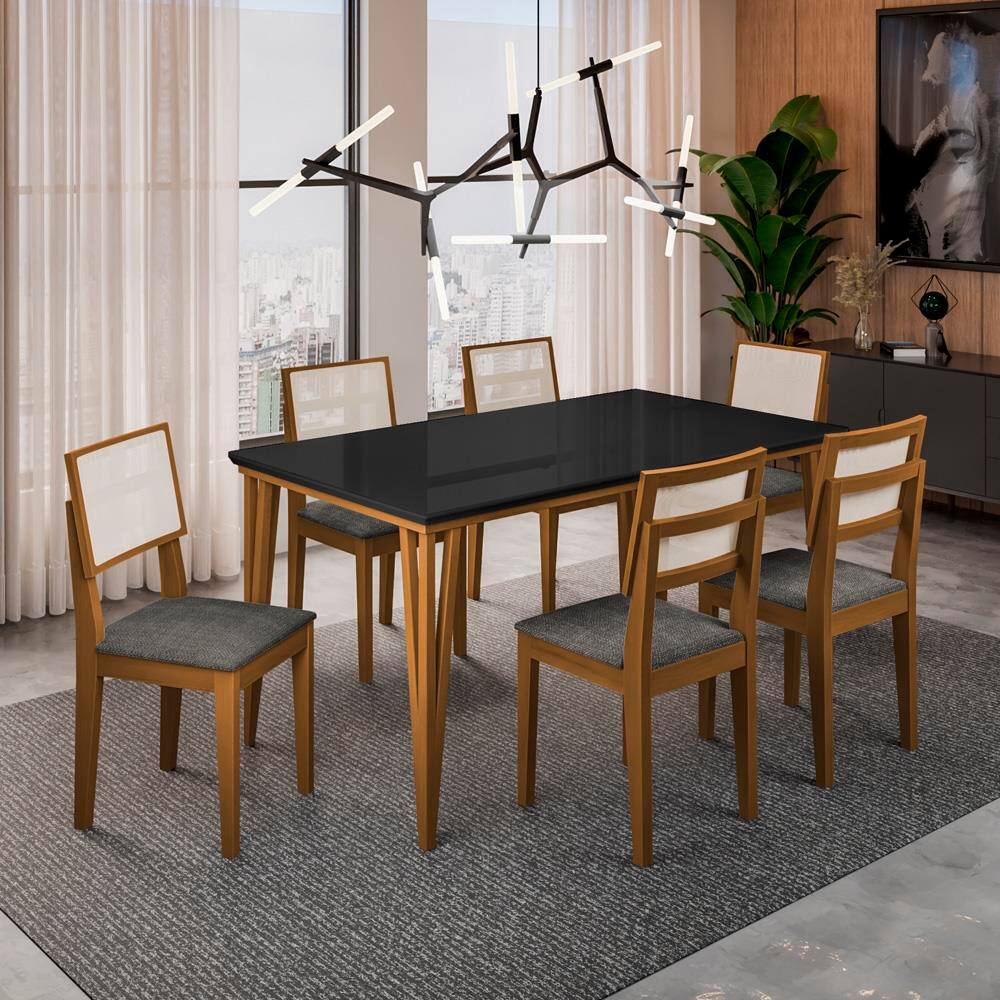 Conjunto de Mesa Dobue Safira com 6 Cadeiras - 180 cm - Imbuia, Preto e Cinza
