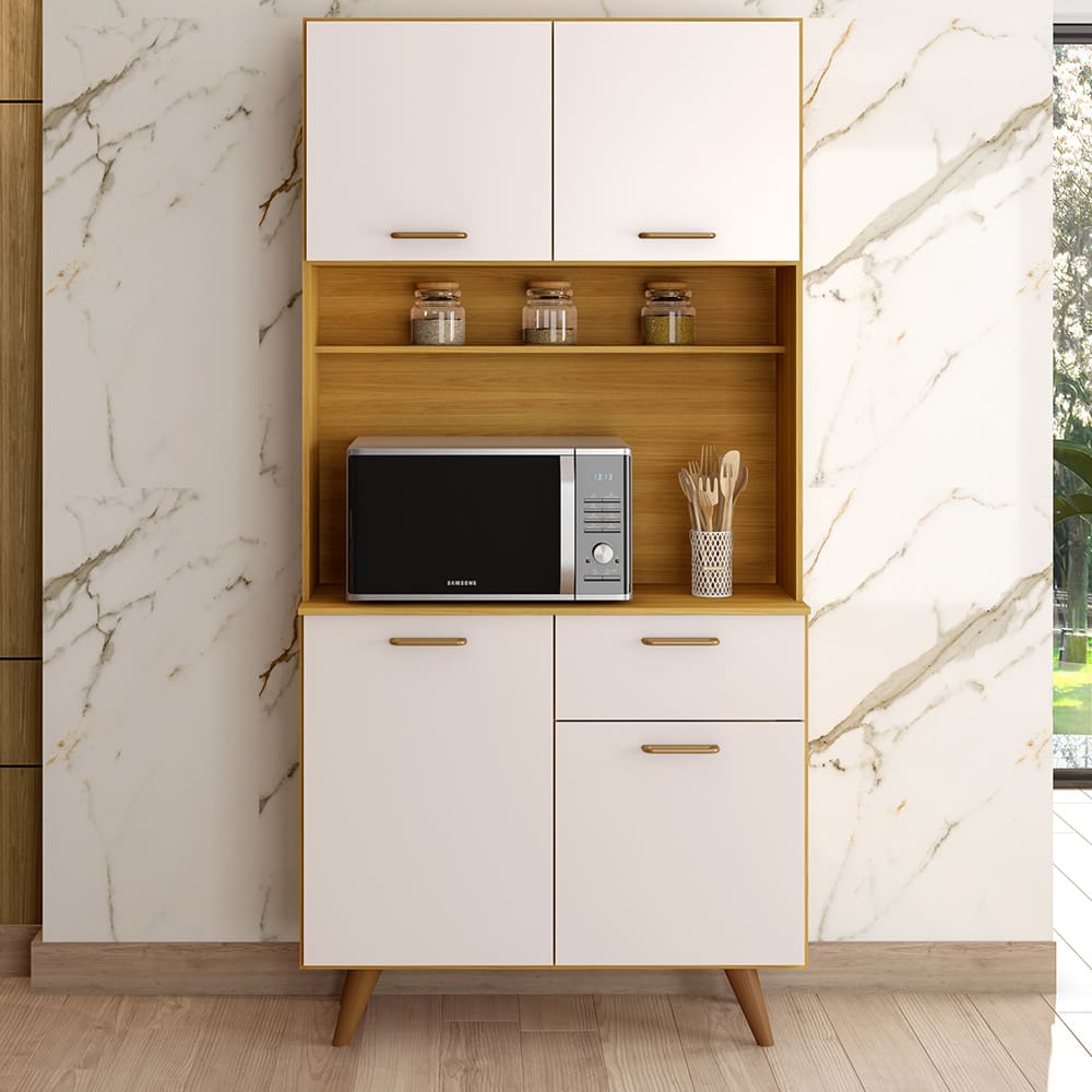 Cozinha Compacta Poliman Izis 4 Portas, 1 Gaveta e 2 Prateleiras – 90cm de largura - Freijó e Off White