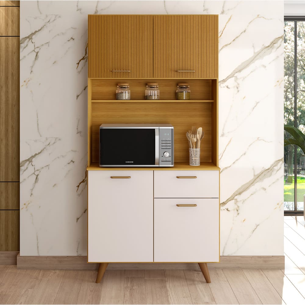Cozinha Compacta Poliman Izis 4 Portas, 1 Gaveta e 2 Prateleiras – 90cm de largura - Freijó Ripado e Off White