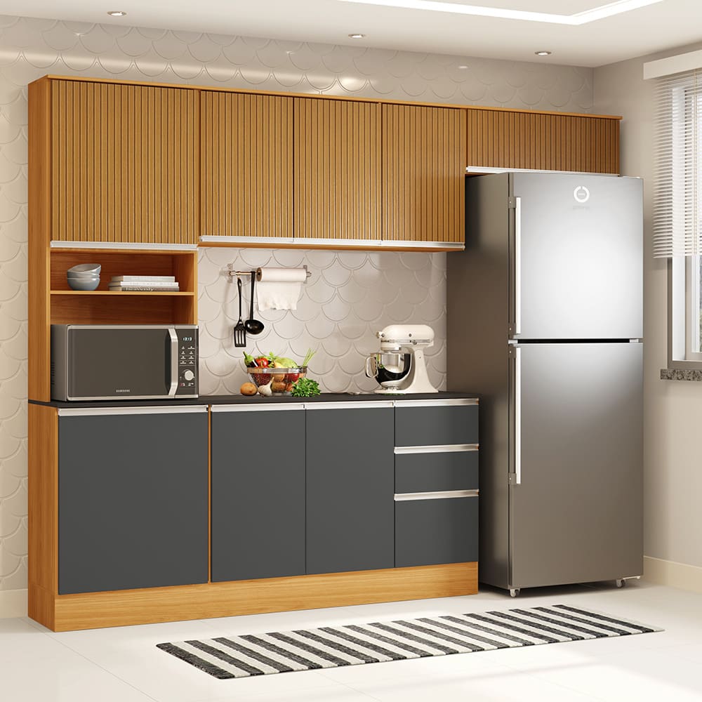 Cozinha Compacta Poliman Paris com 9 Portas, 2 Gavetas e 5 Prateleiras – 260 cm de largura - Freijó Ripado e Grafite