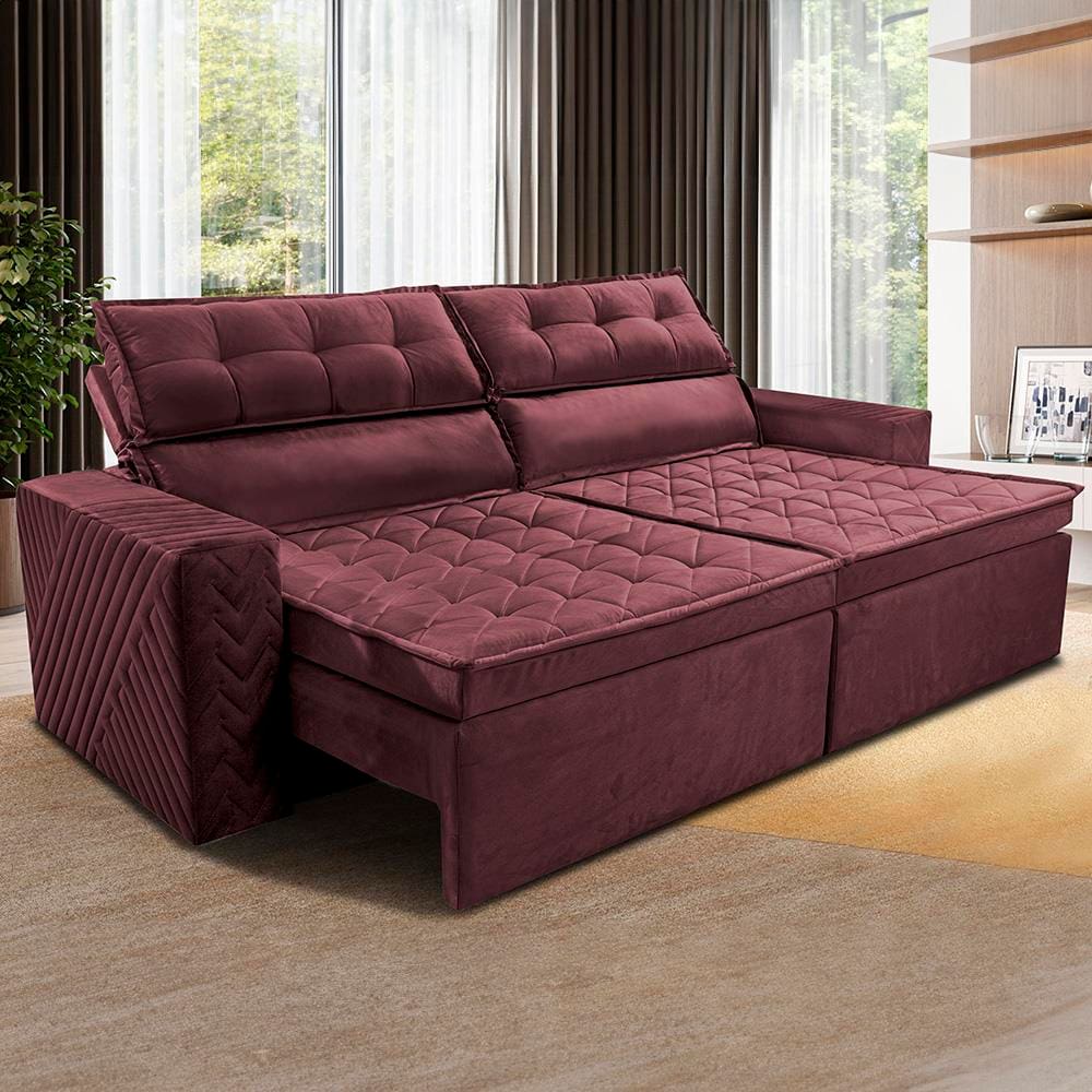 Sofá 4 Lugares Cama inBox Belém Retrátil e Reclinável Revestido em Suede Velusoft - 230cm de largura - Vinho