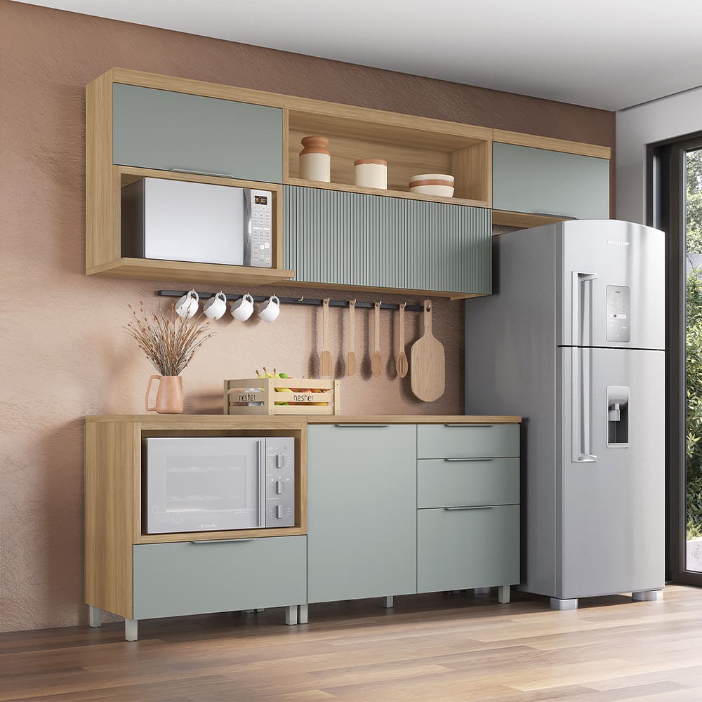 Cozinha Compacta Nesher Marquesa com 4 Portas, 4 Gavetas e 4 Prateleiras – 280cm de Largura