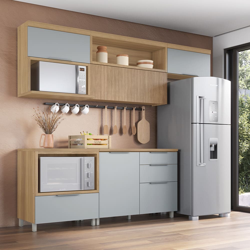 Cozinha Compacta Nesher Marquesa com 4 Portas, 4 Gavetas e 4 Prateleiras – 280cm de Largura