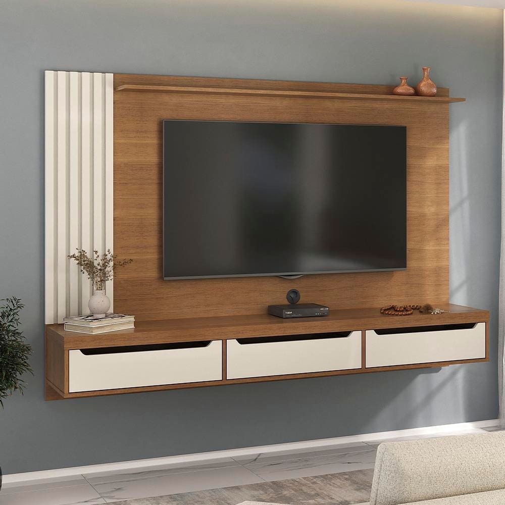 Painel Presence Artely com 1 prateleira para TVs de até 75 polegadas - Cinamomo e Off White