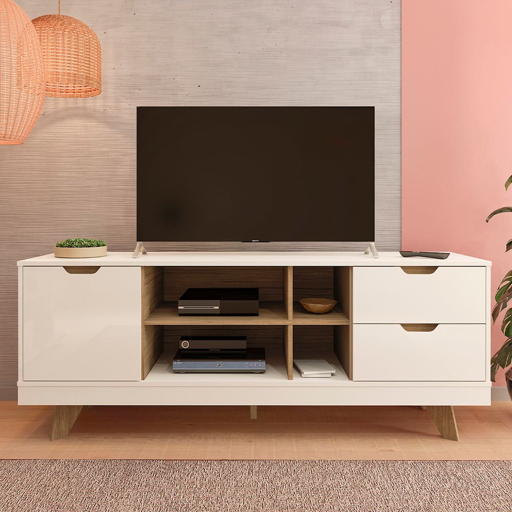 Rack Michigan Artely com 2 gavetas e 4 nichos para TVs de até 65 polegadas - Off White e Carvalho