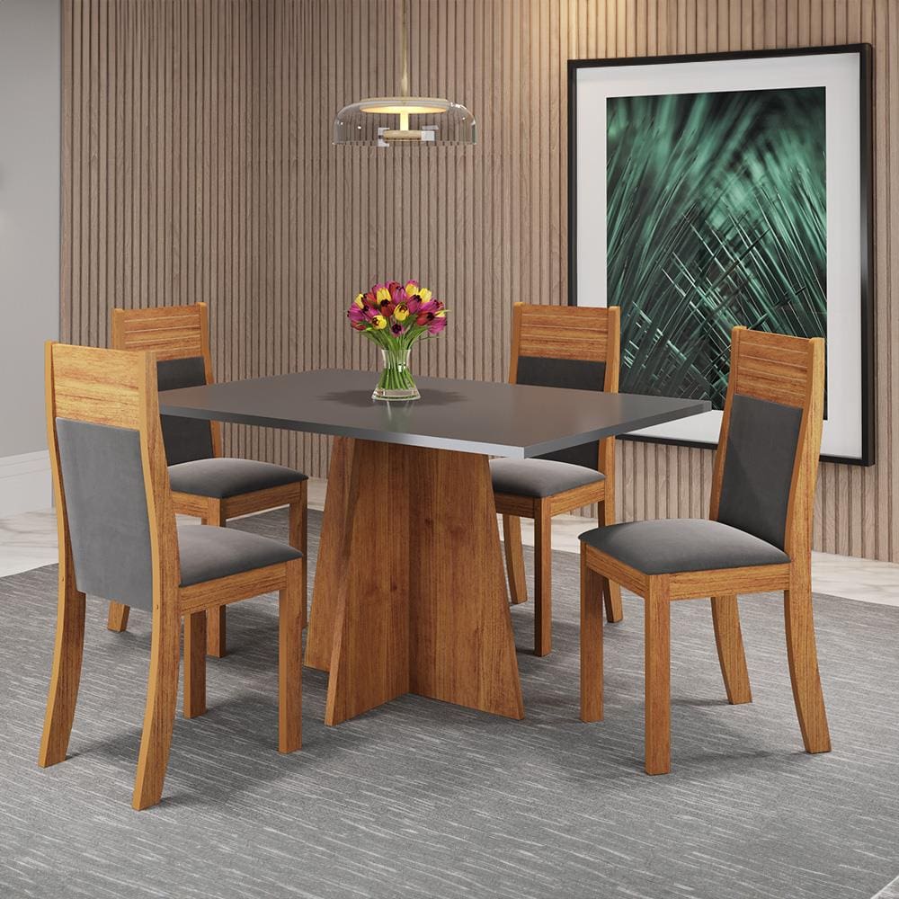 Mesa de Jantar Retangular Viero Vivere com 4 Cadeiras Roma Estofadas e Revestidas - Mel, Cinza e Grafite