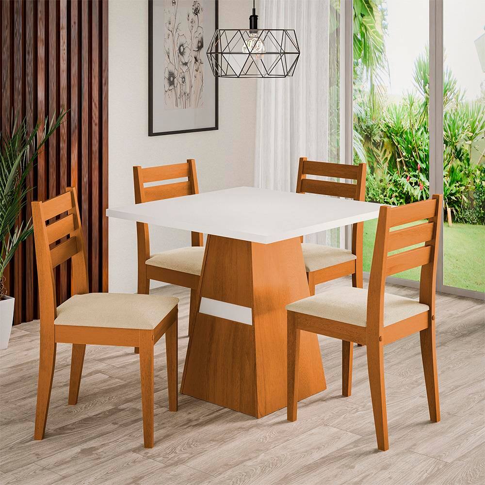 Mesa de Jantar Quadrada Dobuê Dakar com 4 Cadeiras Estofadas Revestidas em Suede - Cinamomo, Branco e Bege