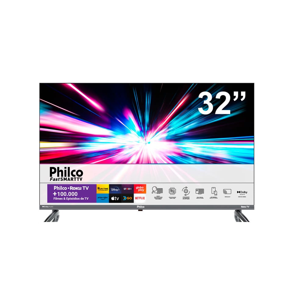 Smart TV 32” Philco LED HD PTV32E3ERSGB com processador Quad-Core, sistema Roku TV, Dolby Áudio, HDMI, USB e Wi-Fi
