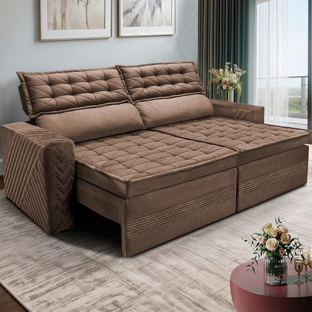Sofá 3 Lugares Cama inBox Cielo com Assento Retrátil, Encosto Reclinável em Suede Velusoft e 200cm de Largura - Castor