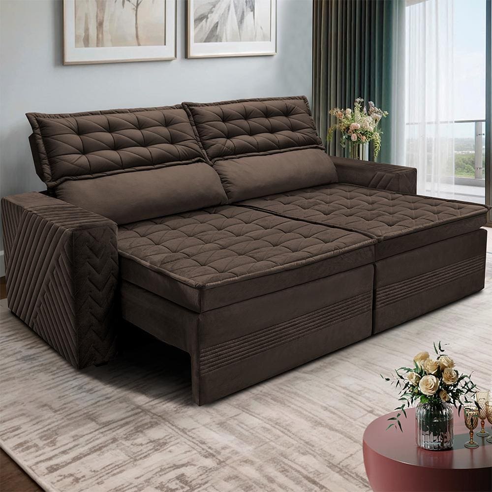 Sofá 4 Lugares Cama inBox Cielo com Assento Retrátil, Encosto Reclinável em Suede Velusoft e 230cm de Largura - Café