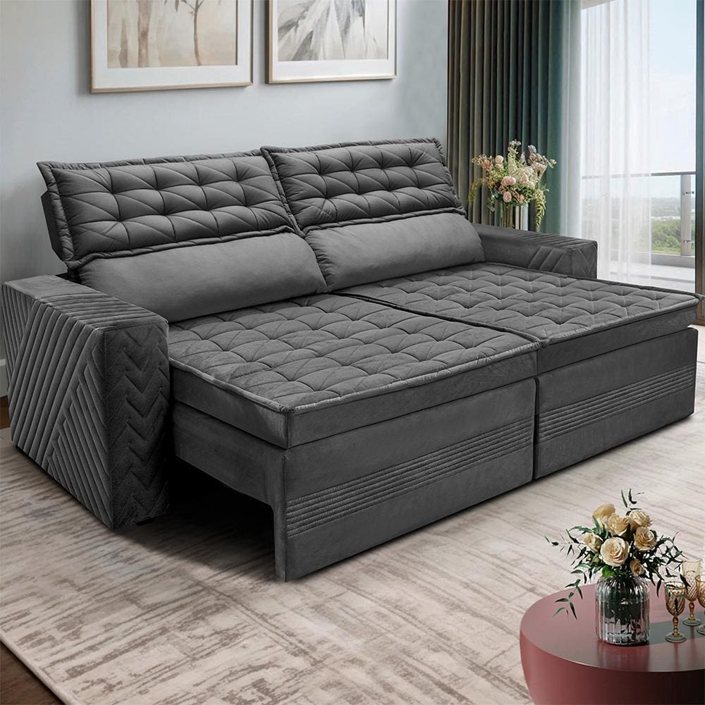 Sofá 4 Lugares Cama inBox Cielo com Assento Retrátil, Encosto Reclinável em Suede Velusoft e 230cm de Largura - Cinza