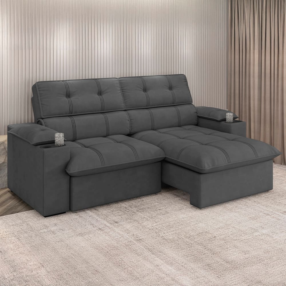 Sofá 4 Lugares Luizzi Liverpool Slim com Assento Retrátil e Reclinável, Revestido em Suede - 240cm de Largura - Titânio