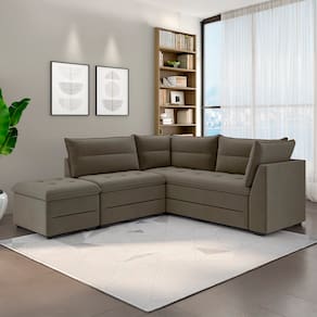 Sofá Modular de Canto 4 Lugares Luizzi Quebec com Pufe e Revestimento em Suede – 408cm de Largura