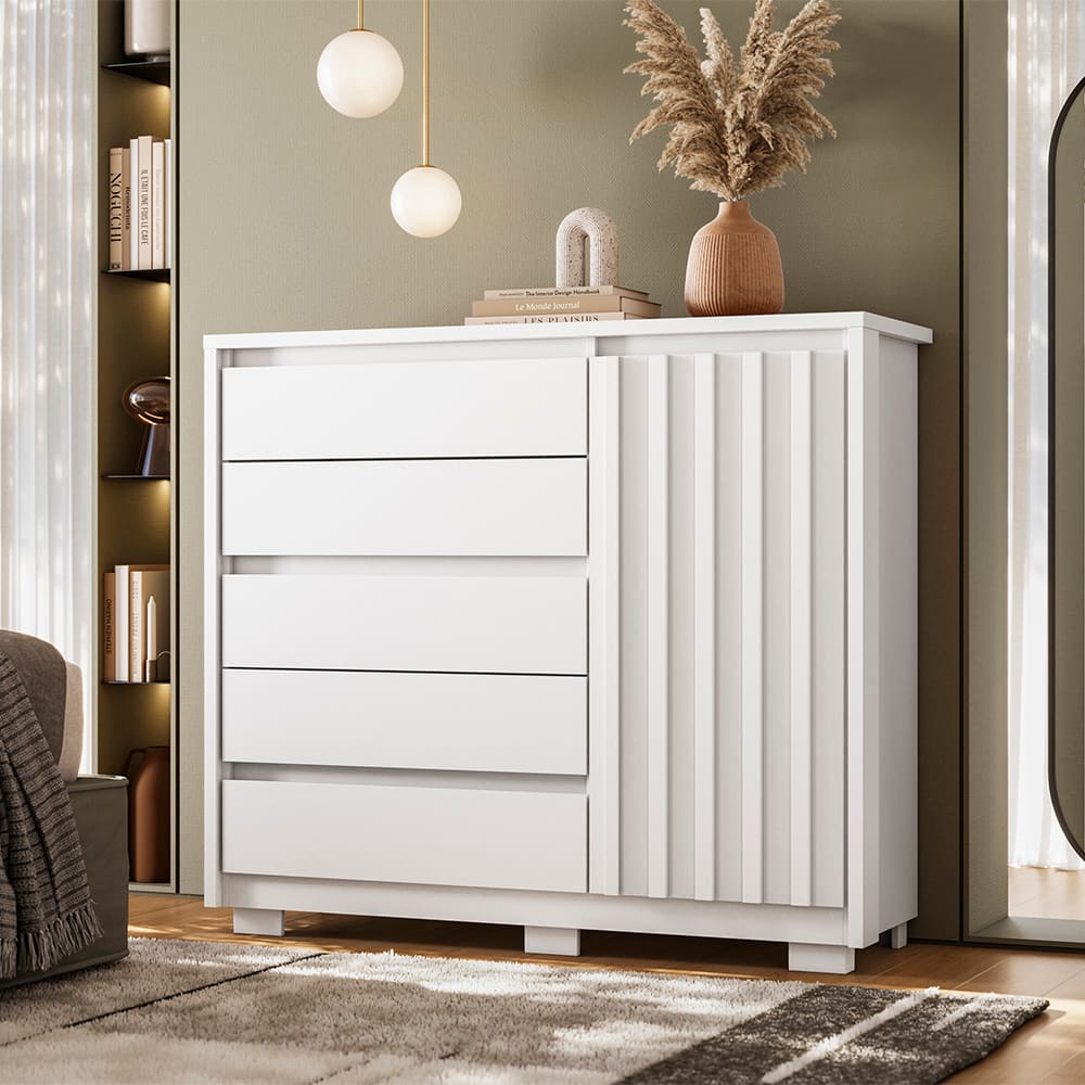Cômoda Sapateira Palumoveis Duetto com 5 Gavetas e 1 Porta – 125cm de Largura - Branco