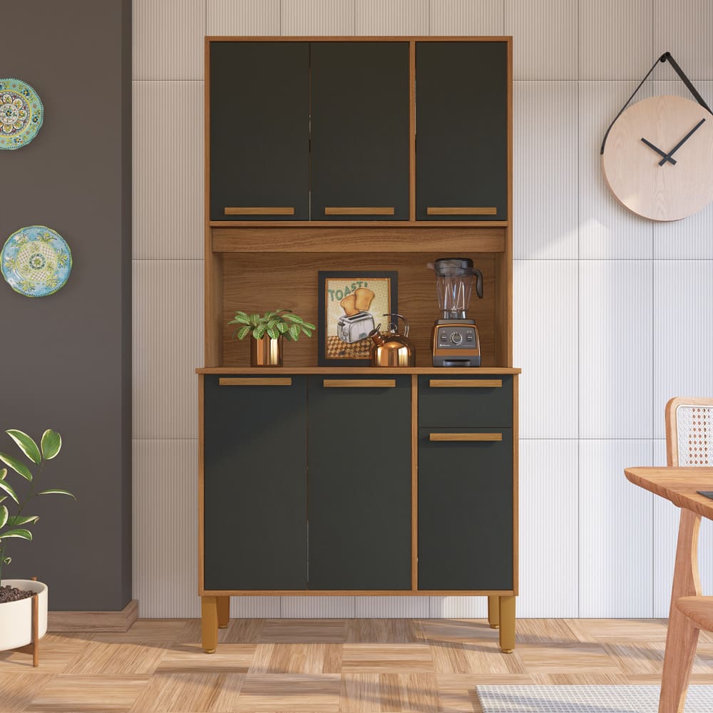 Cozinha Compacta Indekes Lagos com 6 Portas e 1 Gaveta – 90,6cm de Largura - Freijó / Chumbo