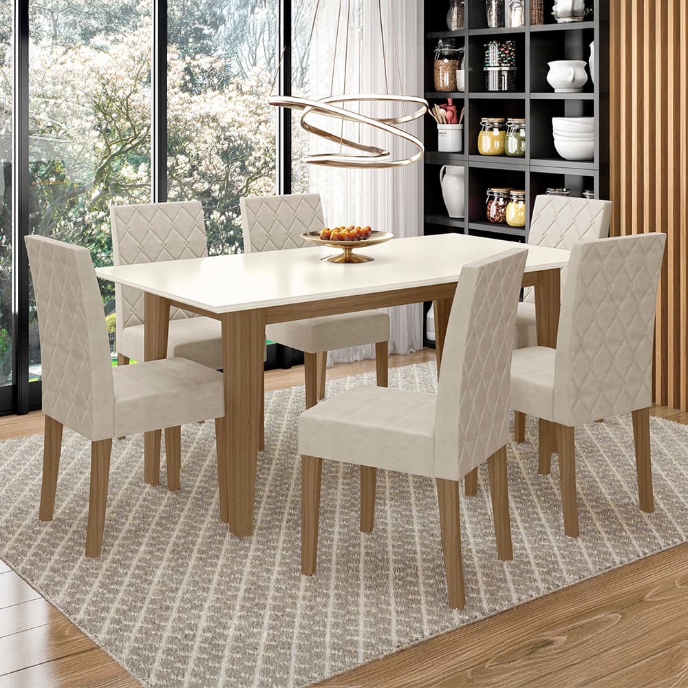 Mesa de Jantar Retangular Poliman Liz com 6 Cadeiras Estofadas e Revestidas em Suede - 160 cm de Largura