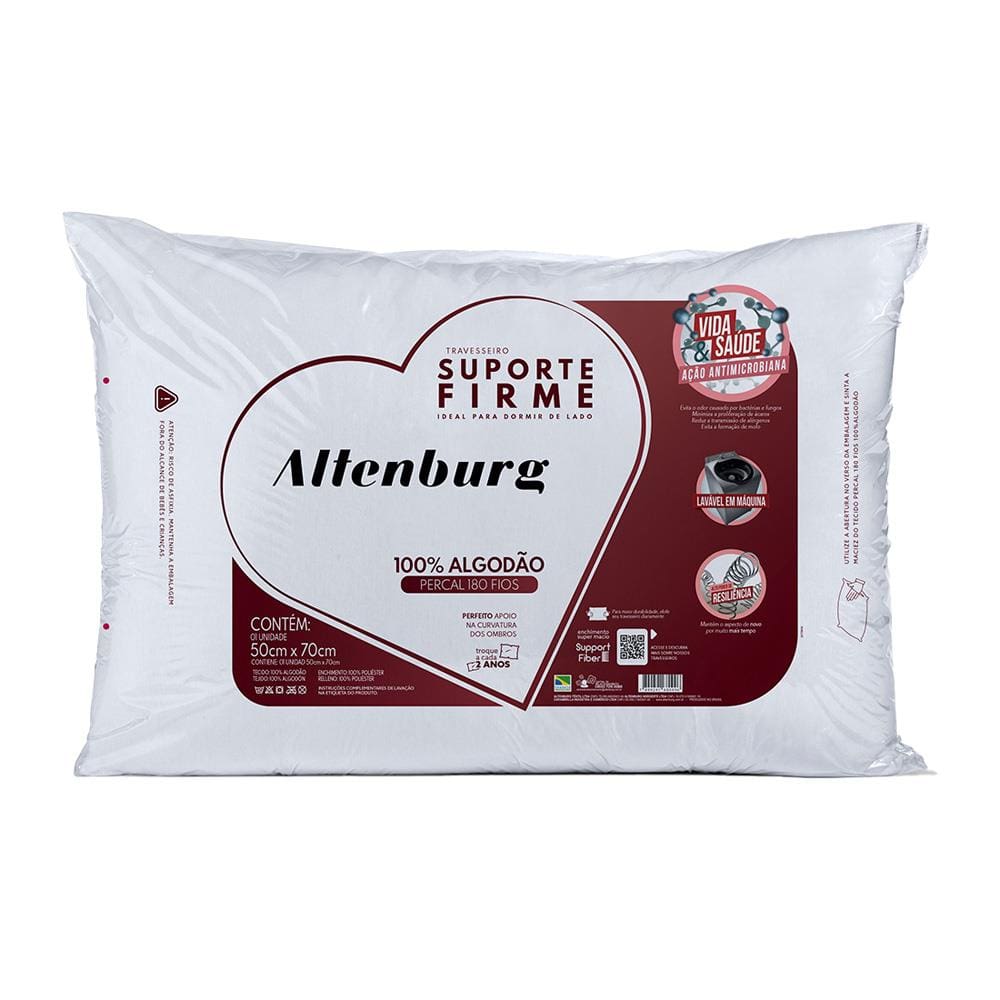 Travesseiro Altemburg Suporte Firme em Tecido Percal 180 Fios e Support Fiber com Ação Antimicrobiana 50x70cm - Branco