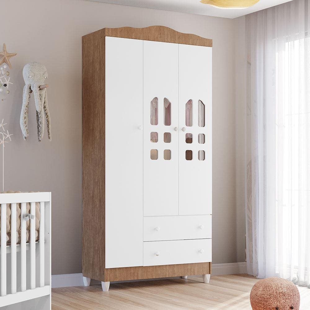 Guarda-Roupa Infantil Carolina Baby Eloa com 3 Portas, 2 Gavetas e 4 Prateleiras – 94cm de largura - Branco e Bétula