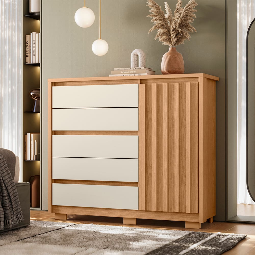 Cômoda Sapateira Palumoveis Duetto com 5 Gavetas e 1 Porta – 125cm de Largura - Freijó / Off White