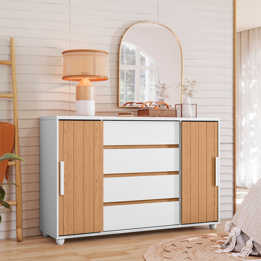 Cômoda Palumoveis Evidenza com 4 Gavetas e 2 Portas – 150cm de Largura - Branco/Freijó