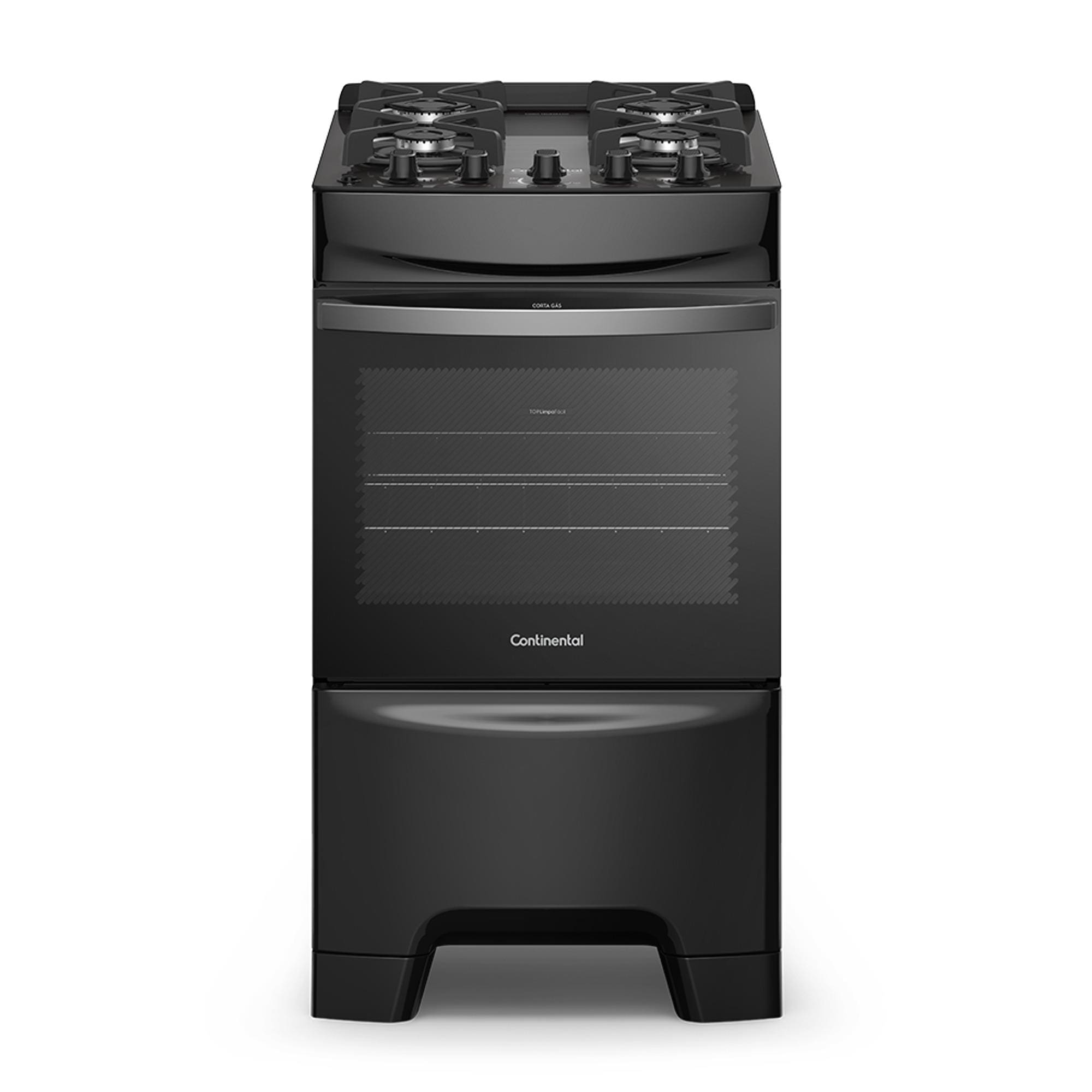 Fogão Continental 4 Bocas FC4GB Preto Mesa de Vidro Forno Eco Turbo Grades de Ferro Fundido Bivolt