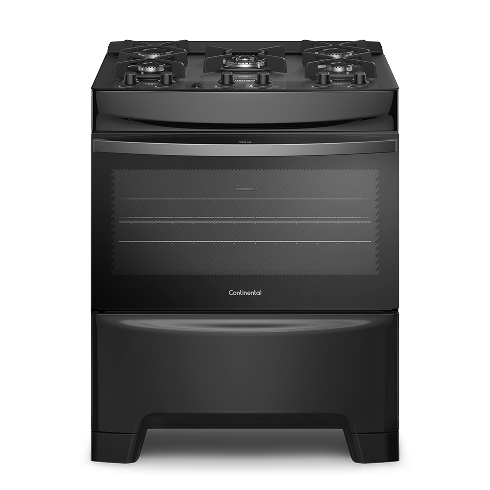 Fogão Continental 5 Bocas FC5GB Preto Mesa de Vidro Forno Eco Turbo Tripla Chama Bivolt