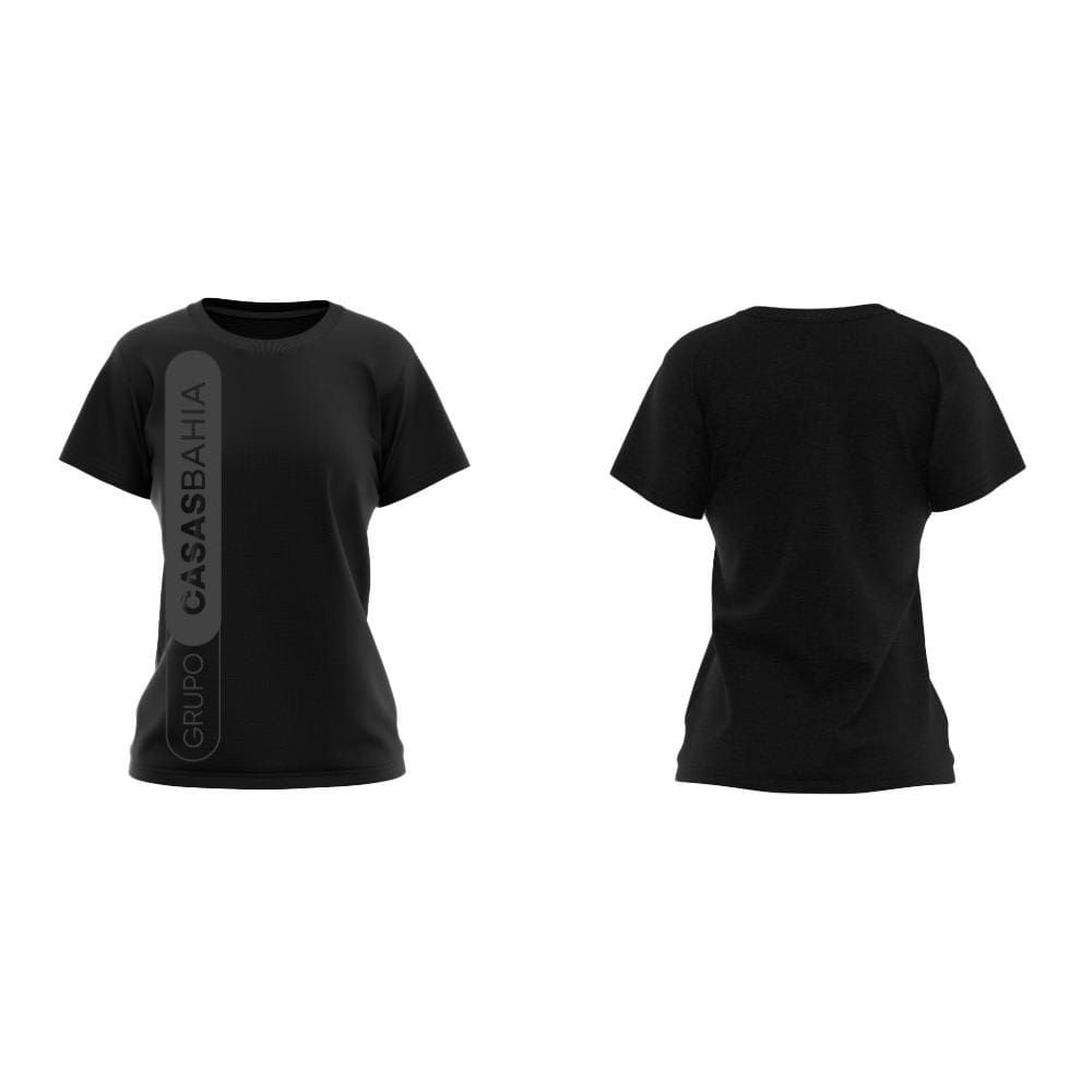 Camiseta Manga Curta Grupo Casas Bahia Preta logo Branca e Cinza - Modelo Baby Look - G