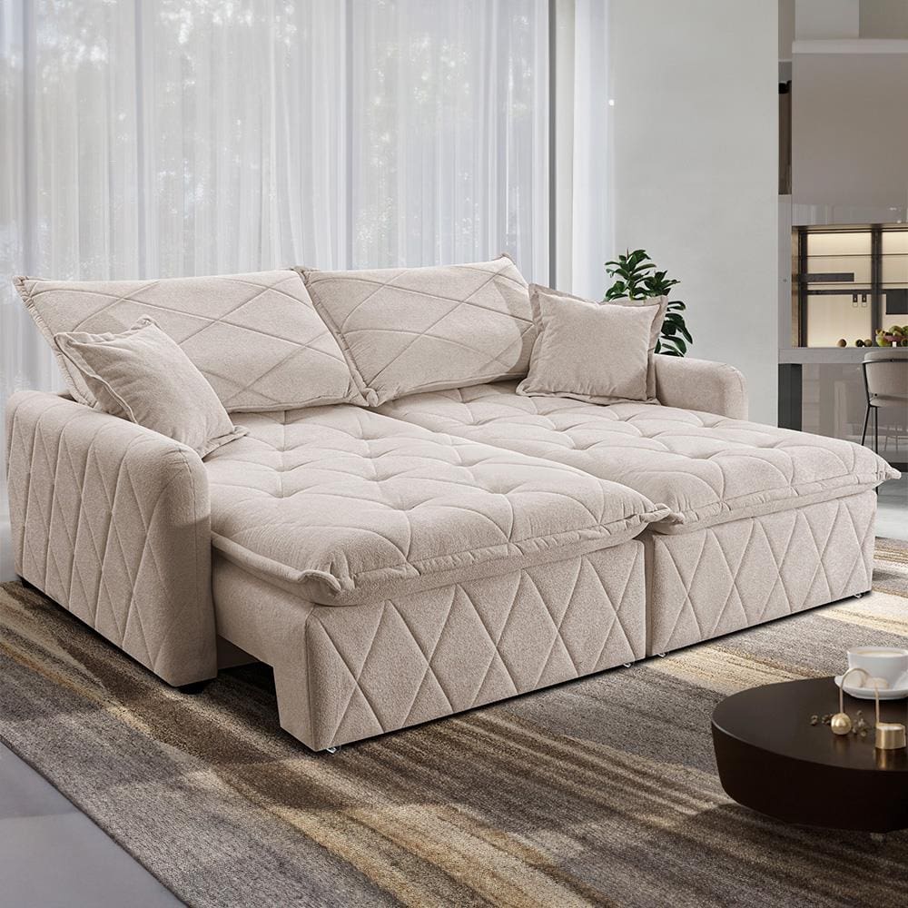 Sofá 3 lugares Cama inBox Sublime com Assento Retrátil e Encosto Reclinável em Boucle - 200cm de Largura