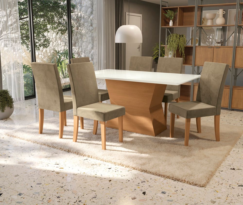Mesa de Jantar Retangular Kappesberg Jade com 6 Cadeiras - Canela/Off White