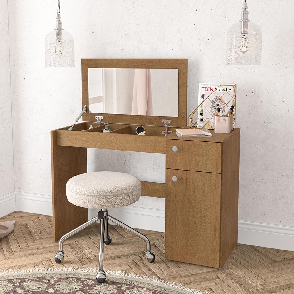 Penteadeira Politorno Iracema Espelho Recolhível 1 Gaveta 1 Porta Nichos Compacta MDP Pintura UV - PENTEADEIRA POLITORNO IRACEMA MDP FREIJO UV