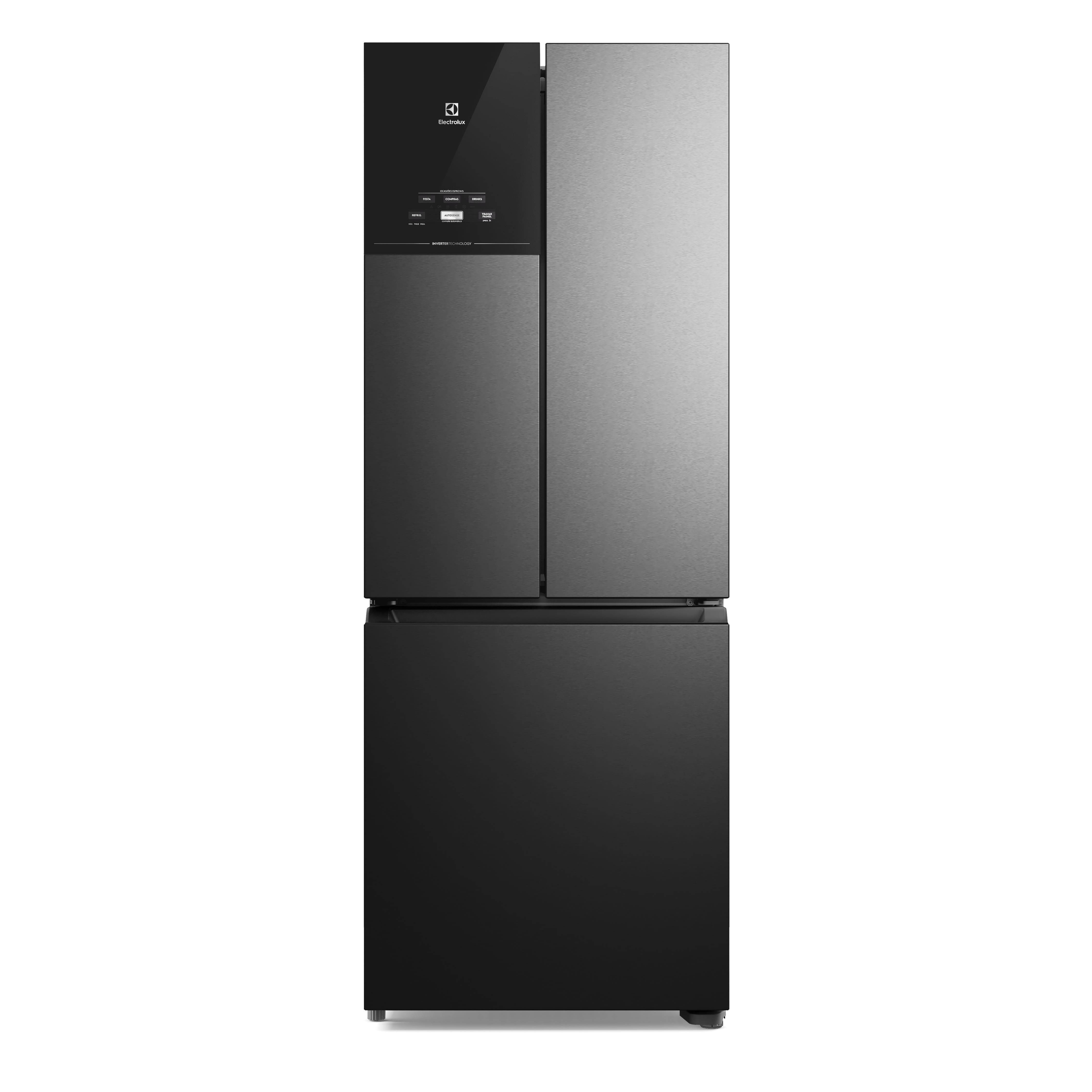 Geladeira Electrolux Frost Free Inverter Efficient AutoSense 3 Portas Black Inox Look 480L