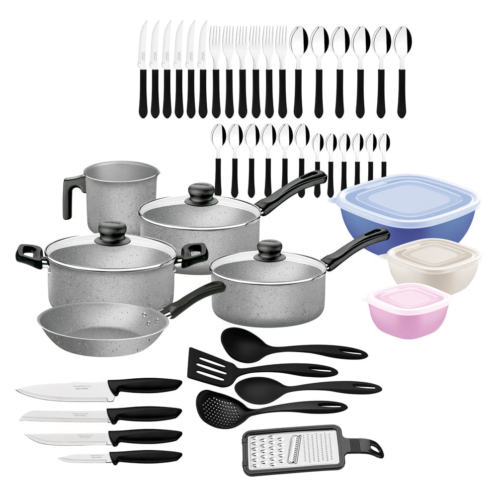 Kit de Cozinha 47 Peças Tramontina com Panelas Antiaderentes em Alumínio, Talheres, Facas e Utensílios Domésticos