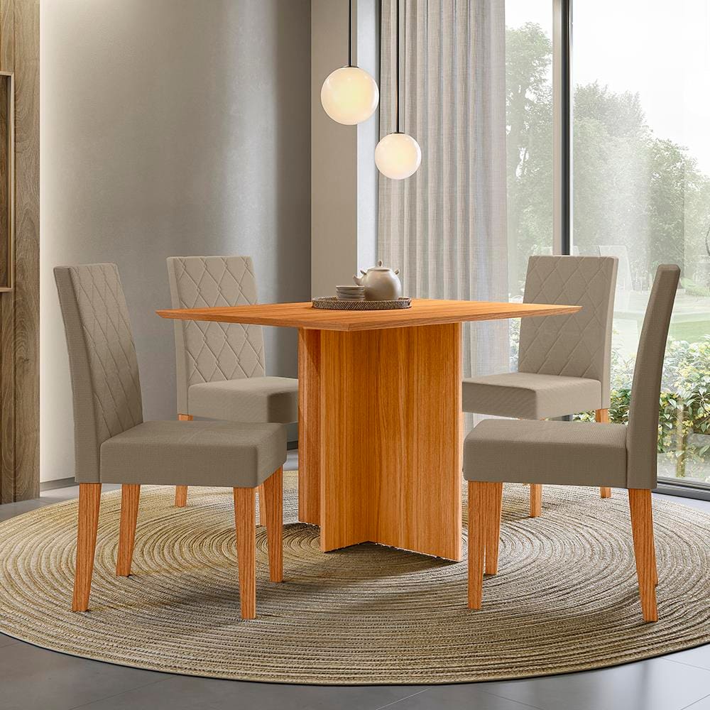 Mesa de Jantar Retangular Poliman Helo com 4 Cadeiras - 120 cm de Largura - Freijó/Suede Bege