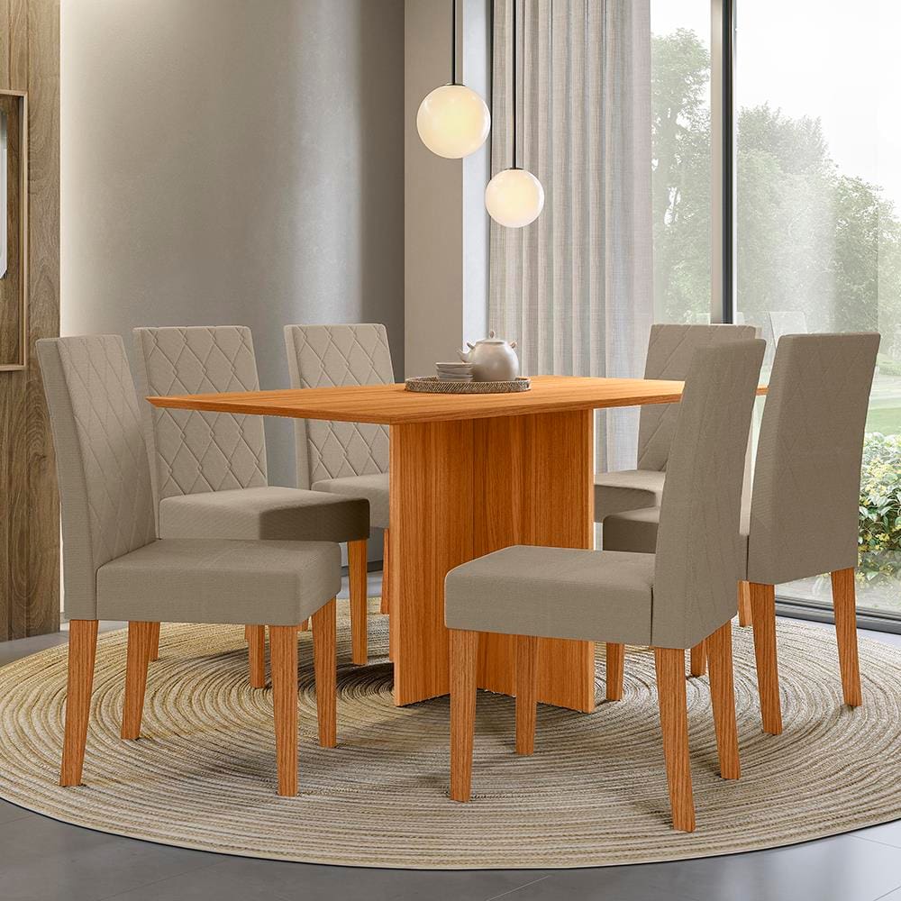 Mesa de Jantar Retangular Poliman Helo com 6 Cadeiras Revestidas em Suede - 160 cm de Largura - Freijó/Suede Bege