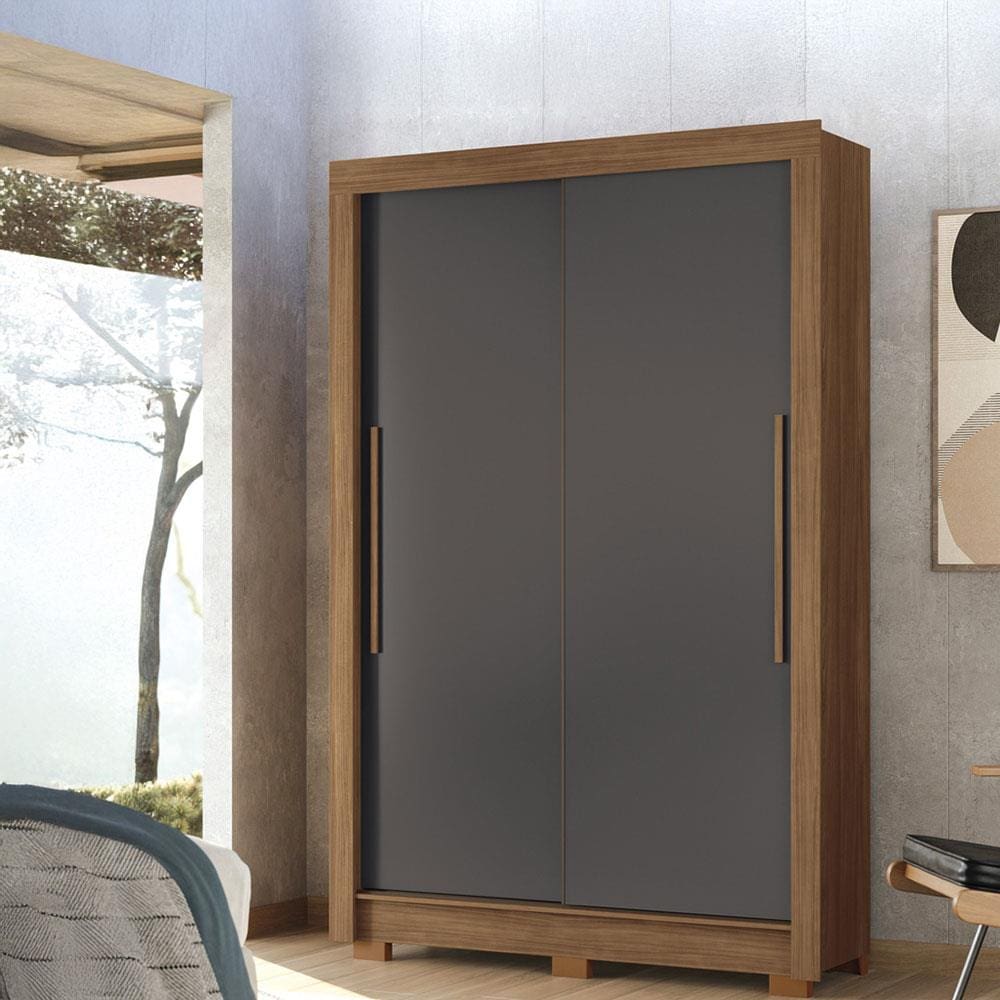 Guarda-Roupa Solteiro Santos Andirá Lapa com 2 Portas, 2 Gavetas e 3 Prateleiras – 140cm de largura - Jatobá/Grafite