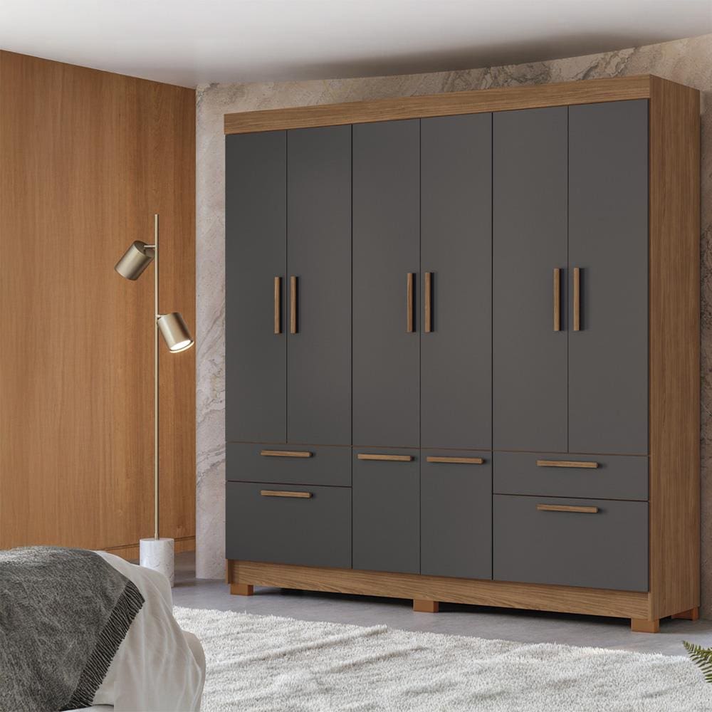 Guarda-Roupa Casal Santos Andirá Curitiba com 8 Portas, 4 Gavetas e 5 Prateleiras – 194,4cm de largura - Jatoba/Grafite