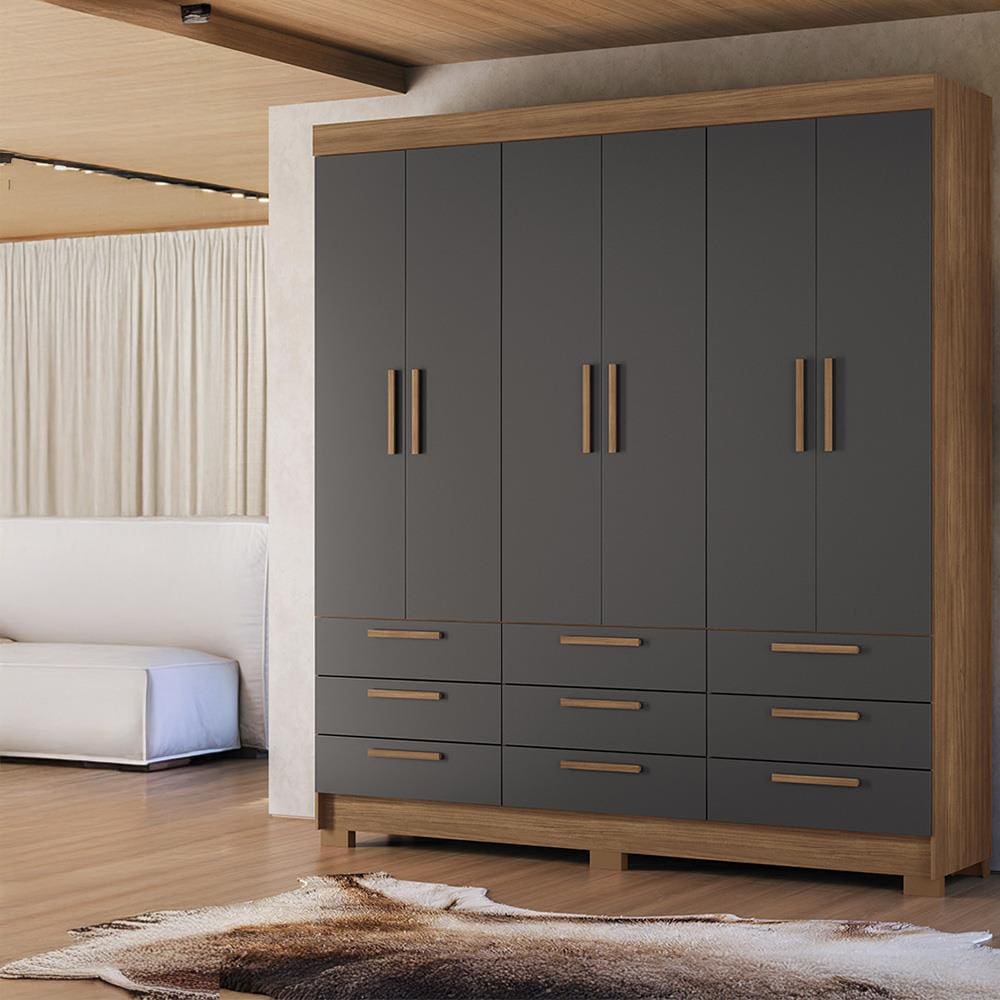 Guarda-Roupa Casal Santos Andirá Colombo com 6 Portas, 9 Gavetas e 4 Prateleiras – 194,4cm de largura - Jatoba/Grafite