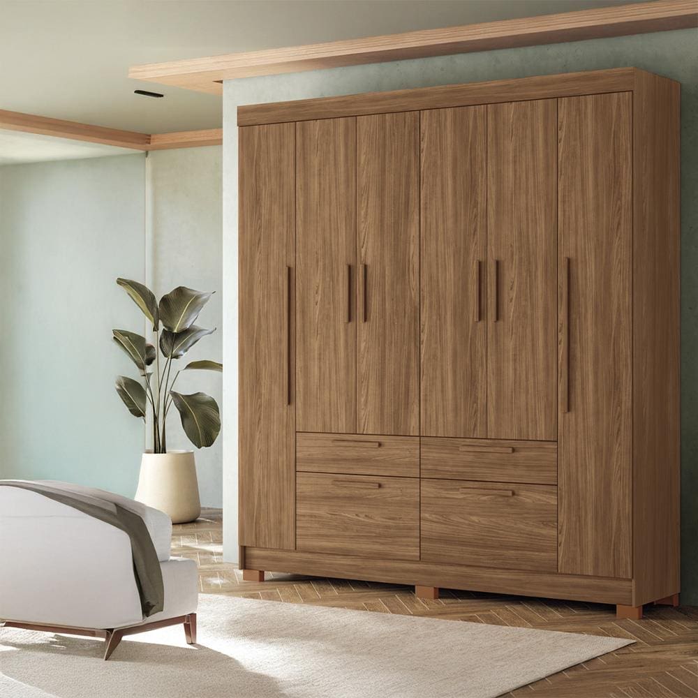 Guarda-Roupa Casal Santos Andirá Guarapuava com 6 Portas, 4 Gavetas e 6 Prateleiras - 194,4cm de largura - Jatoba