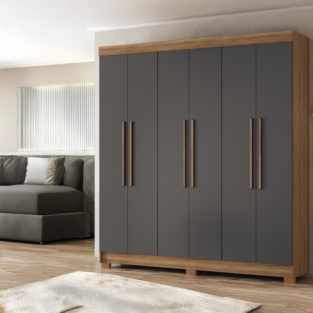 Guarda-Roupa Casal Santos Andirá Toledo com 6 Portas, 2 Gavetas e 5 Prateleiras - 194,4cm de largura - Jatoba/Grafite