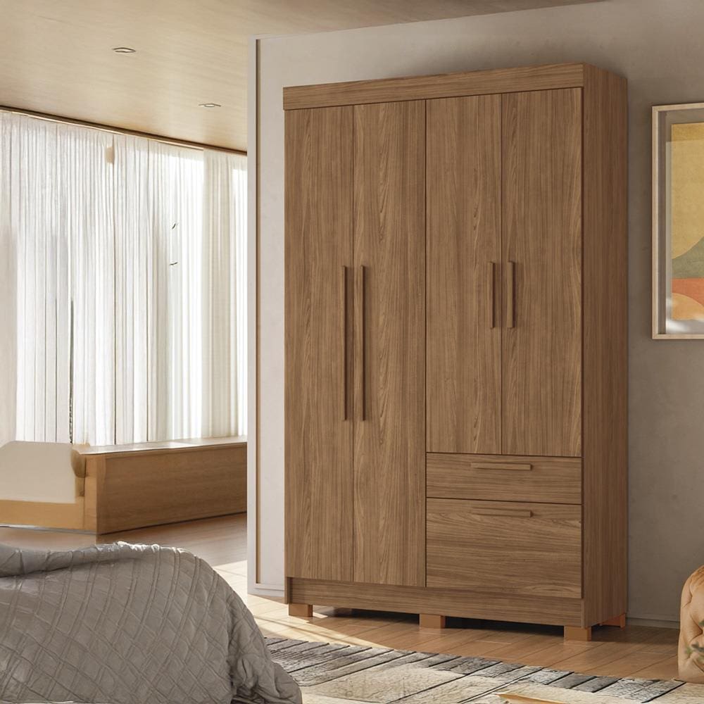 Guarda-Roupa Solteiro Santos Andirá Londrina com 4 Portas, 2 Gavetas e 3 Prateleiras - 130cm de largura - Jatoba