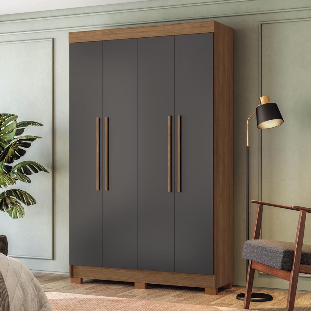 Guarda-Roupa Solteiro Santos Andirá Sarandi com 4 Portas, 2 Gavetas e 4 Prateleiras - 130cm de largura - Jatoba/Grafite
