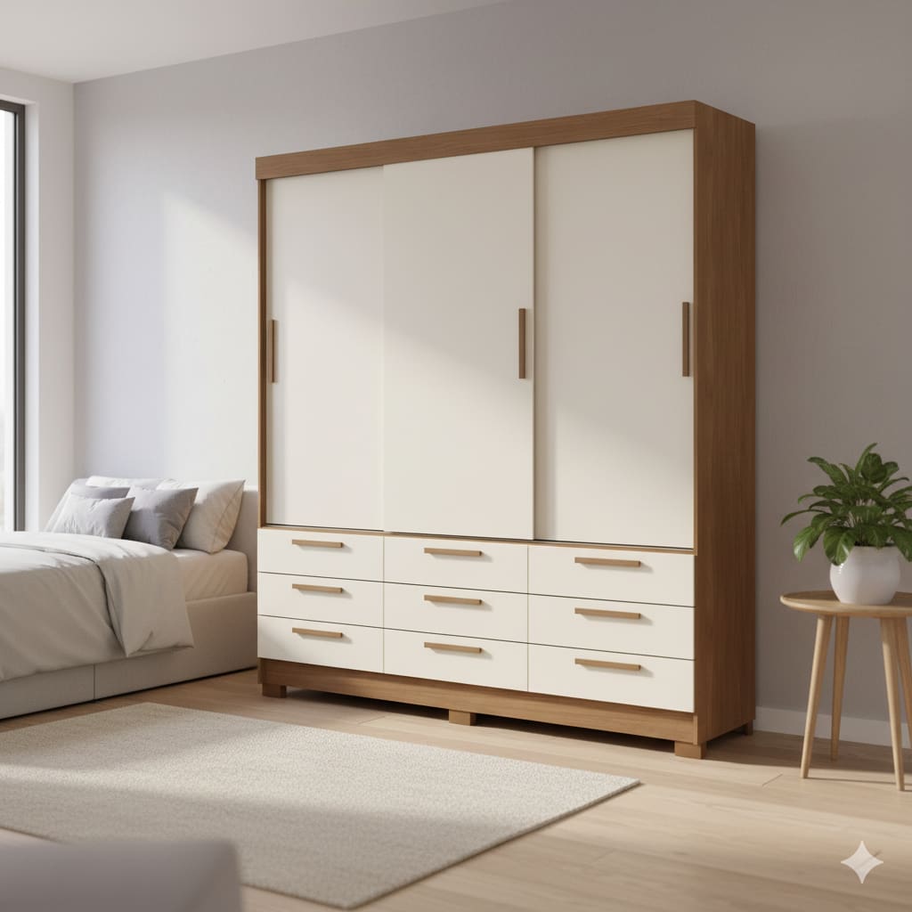 Guarda-Roupa Casal Santos Andirá Morretes 3 Portas de Correr 9 Gavetas Externas MDP - 194,4cm de Largura