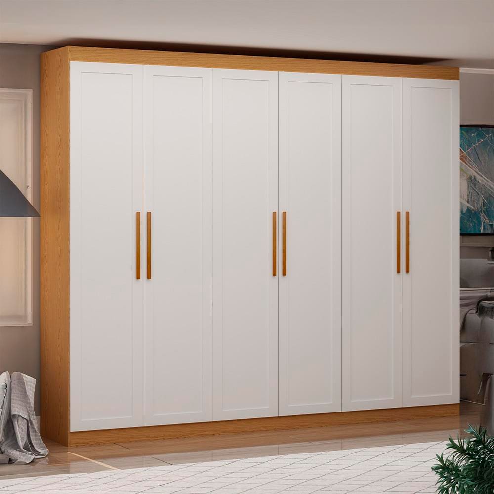 Guarda-Roupa Casal Genialflex Provençal Madri, 6 Portas, 3 Gavetas e 4 Prateleiras 255cm de largura – Cinamomo/Branco