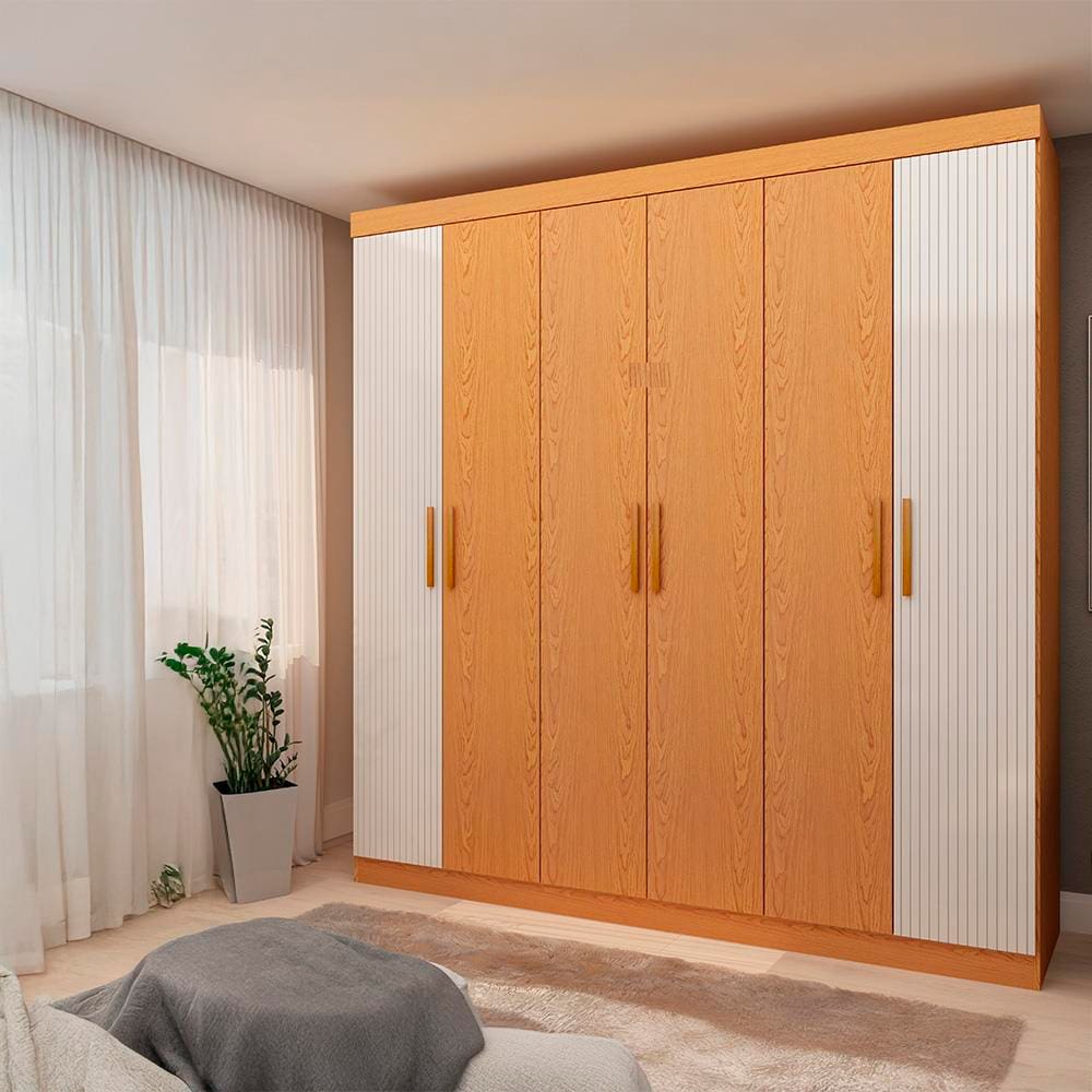 Guarda-Roupa Casal Genialflex Palermo, 6 Portas, 2 Gavetas e 4 Prateleiras 205cm de largura – Cinamomo/White Laca Detalhe Frisado