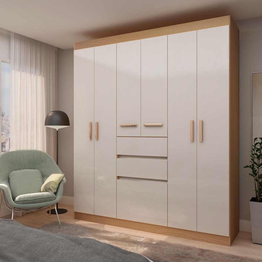 Guarda-Roupa Casal Genialflex Berna com 6 Portas, 2 Gavetas, 4 Prateleiras e 172cm de largura - Freijó/White Laca