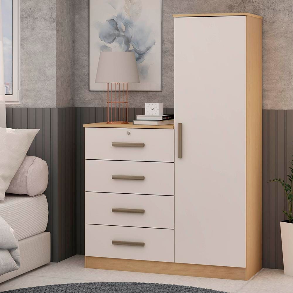 Cômoda Genialflex Aurora com 1 Porta, 4 Gavetas, 3 Prateleiras e 107,5cm de largura - Freijó/White Laca