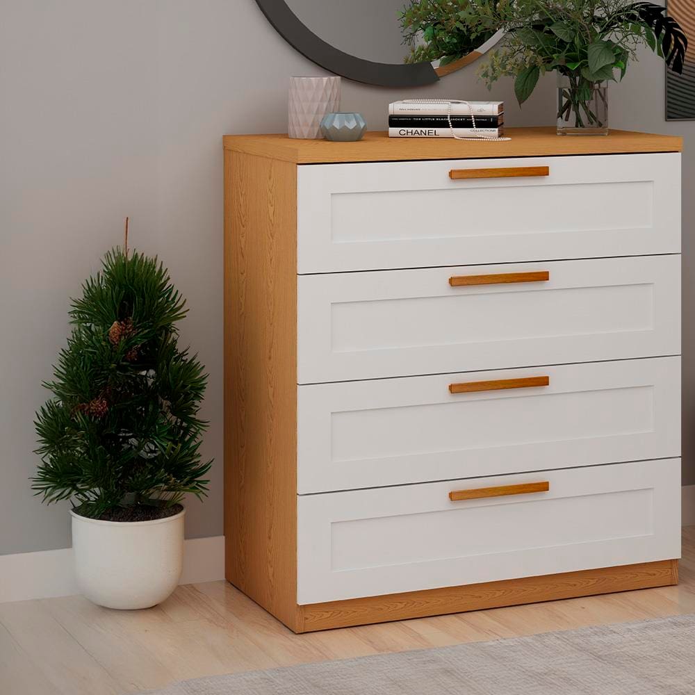 Cômoda Genialflex Madri com 4 Gavetas e 79,2cm de largura - Cinamomo/Branco